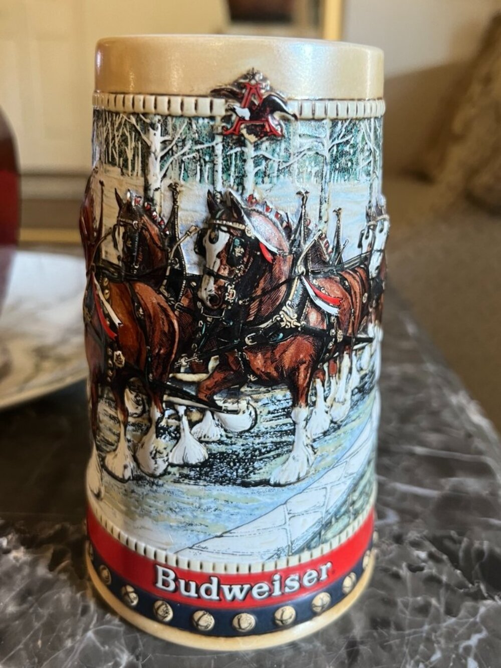 Budweiser Clydesdales 1988 Collector Series Beer Stein Holiday Bridge Scene Mug